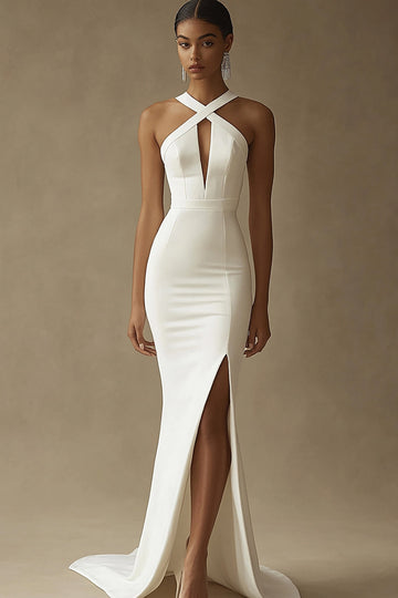 Mermaid White Keyhole Satin Wedding Dress with Slit